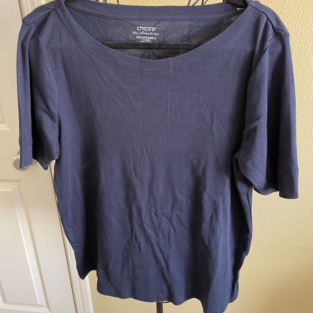 NEW! Chico’s The Ultimate Tee / Pima Cotton Bateau-Neck Navy Blue Tee (size L)